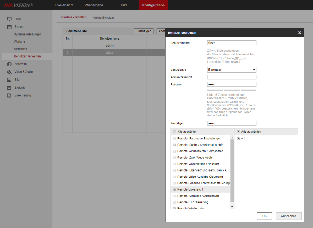 Hikvision - Weboberfläche - Benutzer verwalten