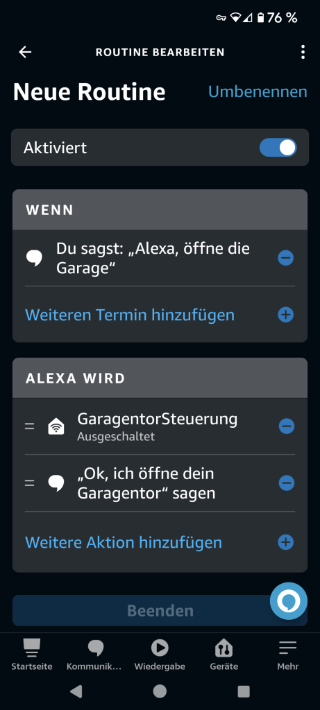 Alexa - Routine erstellen für Meross Garagentorsteuerung